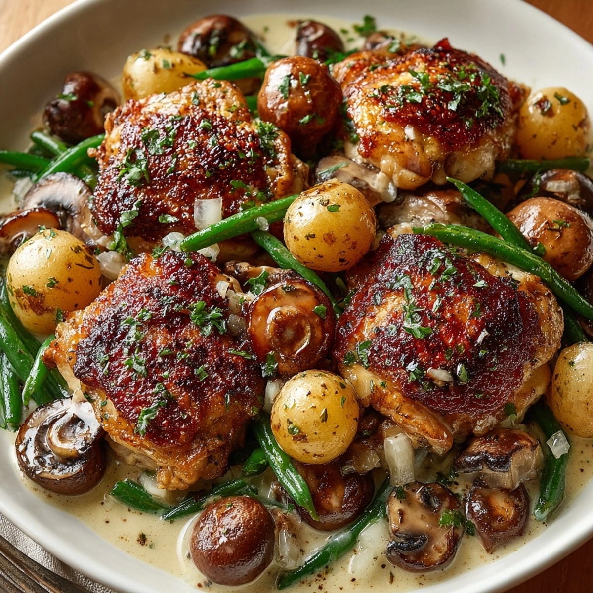 One-pot creamy chicken and mushroom skillet served hot with tender potatoes and green beans.