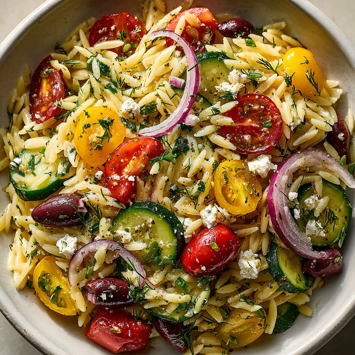 Golden orzo pasta glistening with fresh lemon vinaigrette in this Lemon Herb Orzo Salad.
