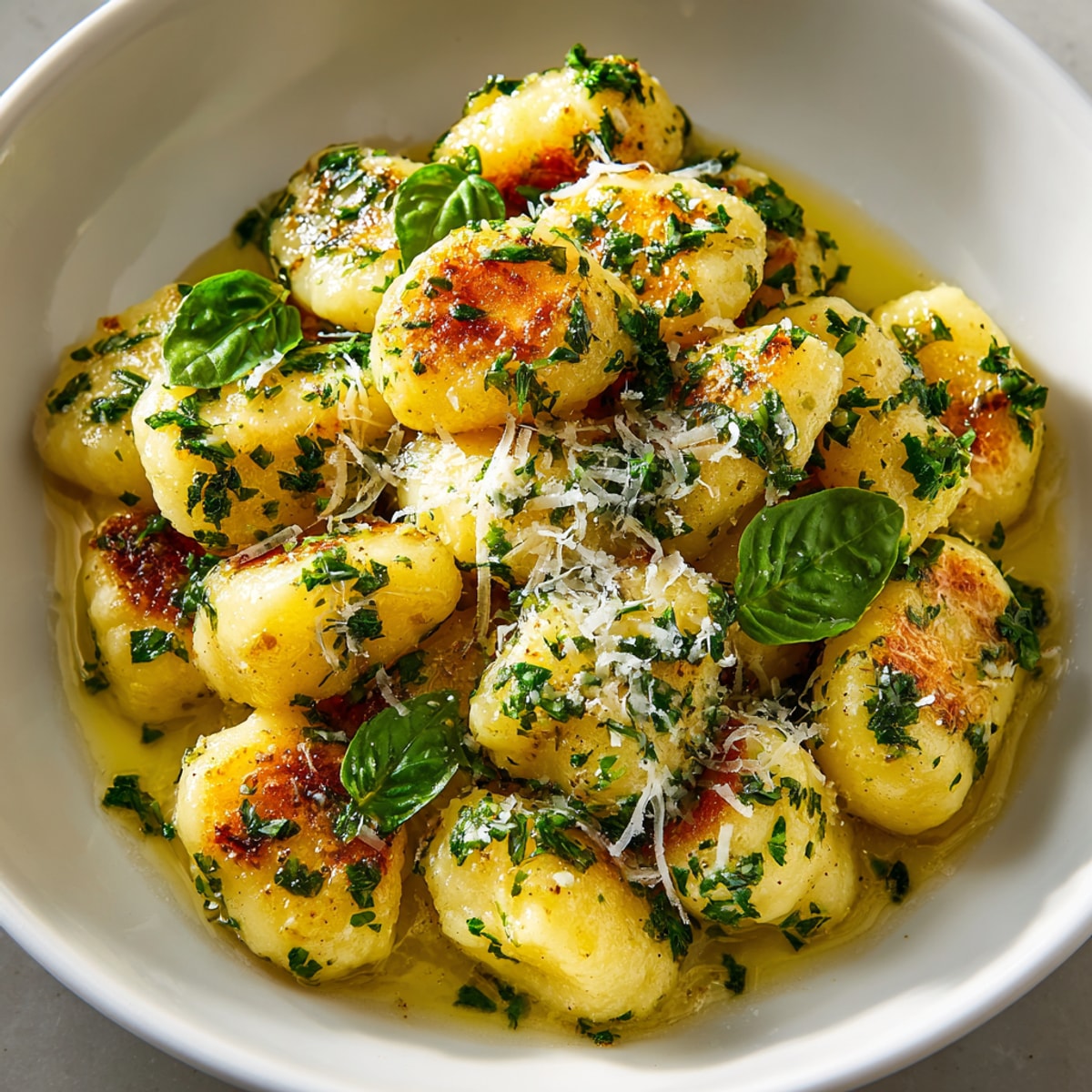 Fluffy Lemon Herb Ricotta Gnocchi, served in a lemon herb butter sauce, ready to eat.
