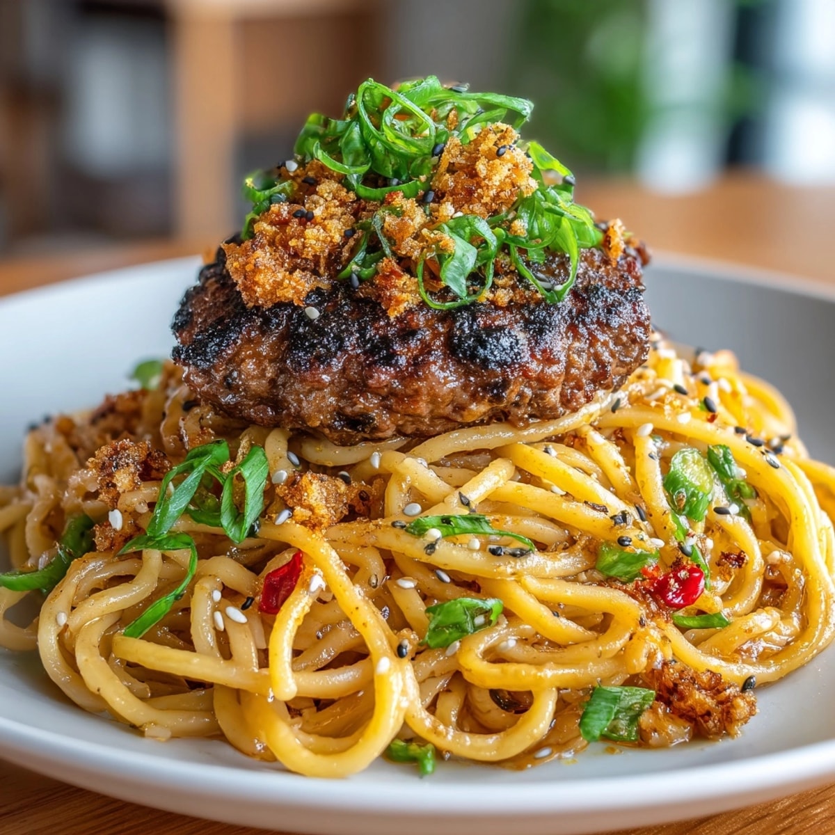 Deliciously plated Ramen Burger Pasta with tender beef patties and crunchy sesame topping, ready to eat.