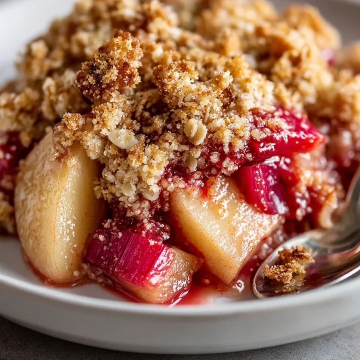 Golden brown apple rhubarb crisp with bubbly fruit filling, served warm in a rustic baking dish.