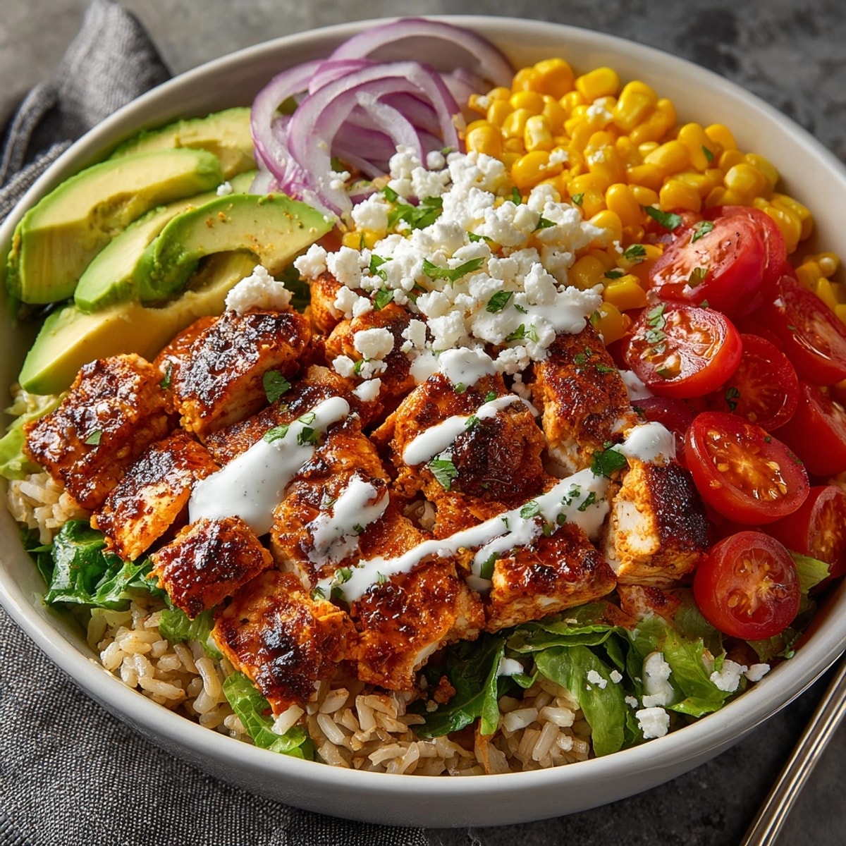 Buffalo Chicken Bowls served over fluffy rice with vibrant veggies and creamy avocado slices.