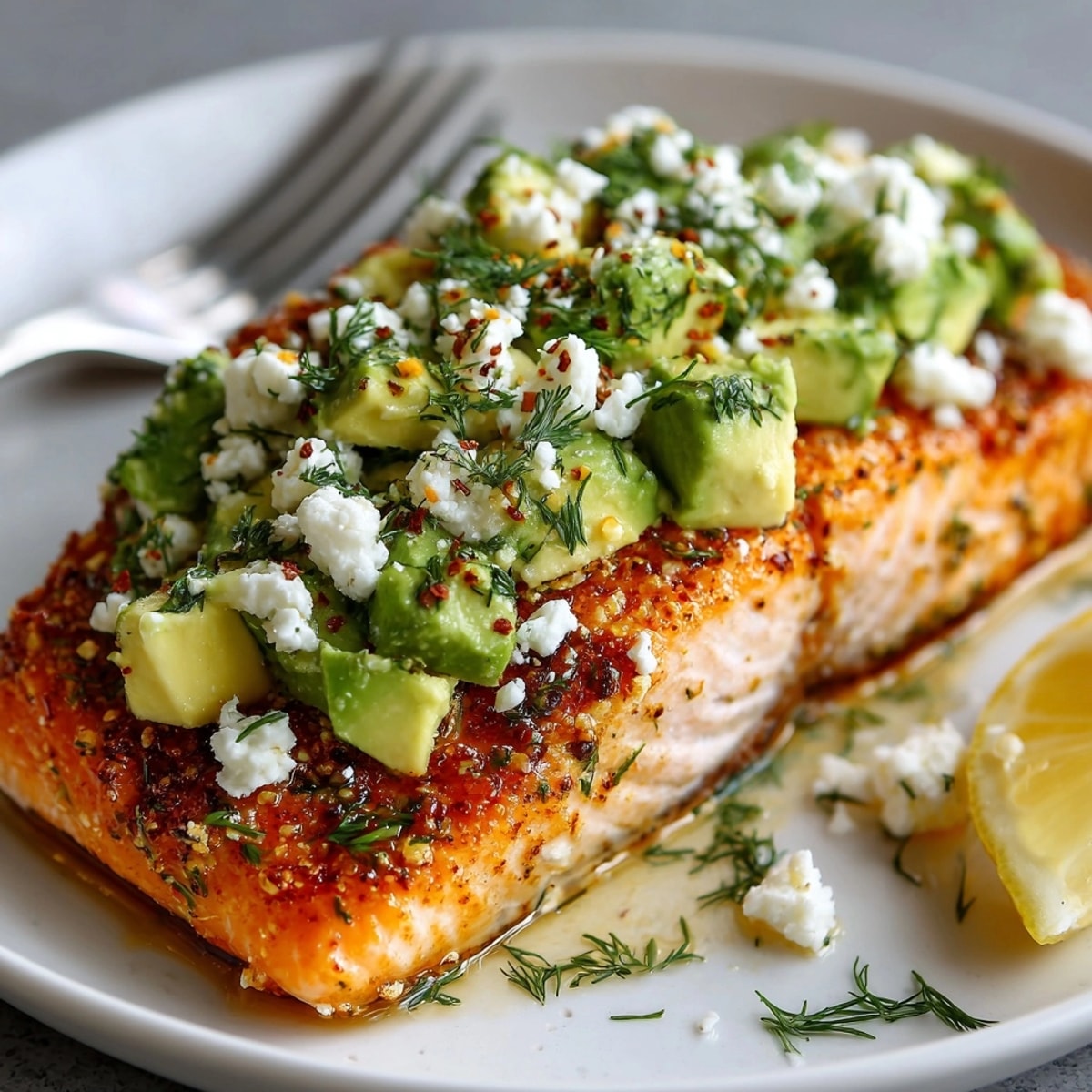 Baked Salmon with Avocado & Feta served on a white plate, garnished with fresh herbs.