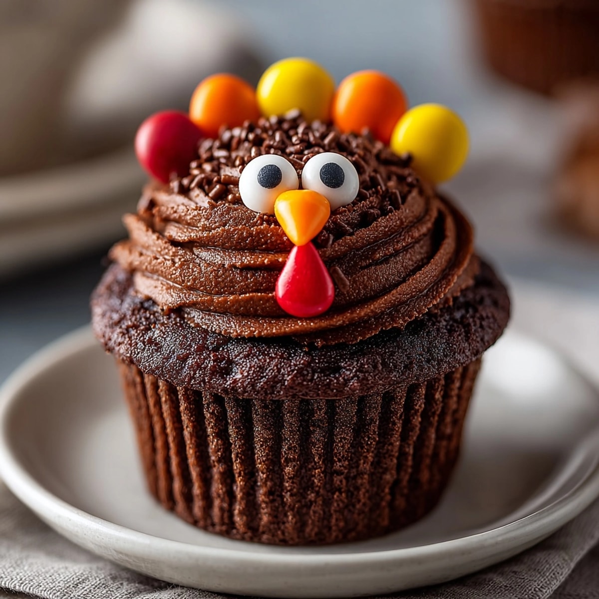 Festive Turkey Cupcakes: Chocolate dessert topped with colorful candy feathers and buttercream frosting.
