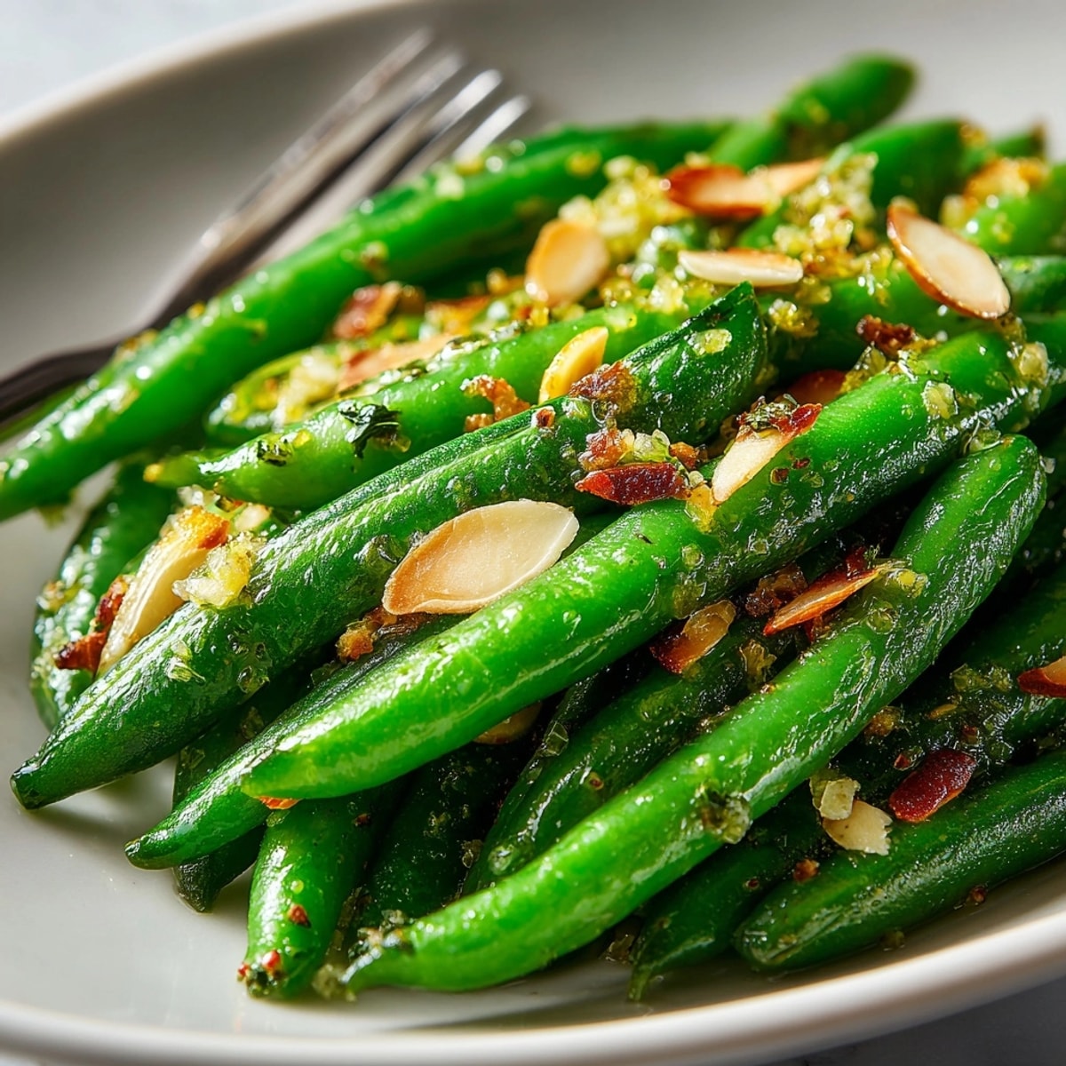 Close-up shot: Sautéed Garlic Green Bean Almondine glistens with butter, served with toasted almonds.