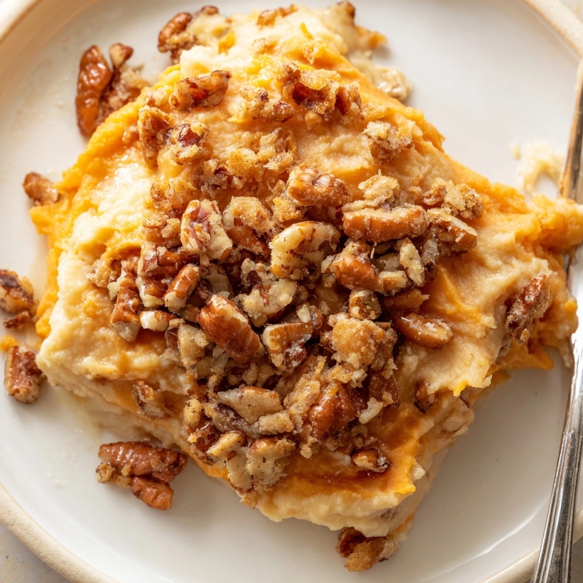 Homemade Bourbon Sweet Potato Casserole: Creamy, spiced sweet potatoes with a crispy pecan topping.
