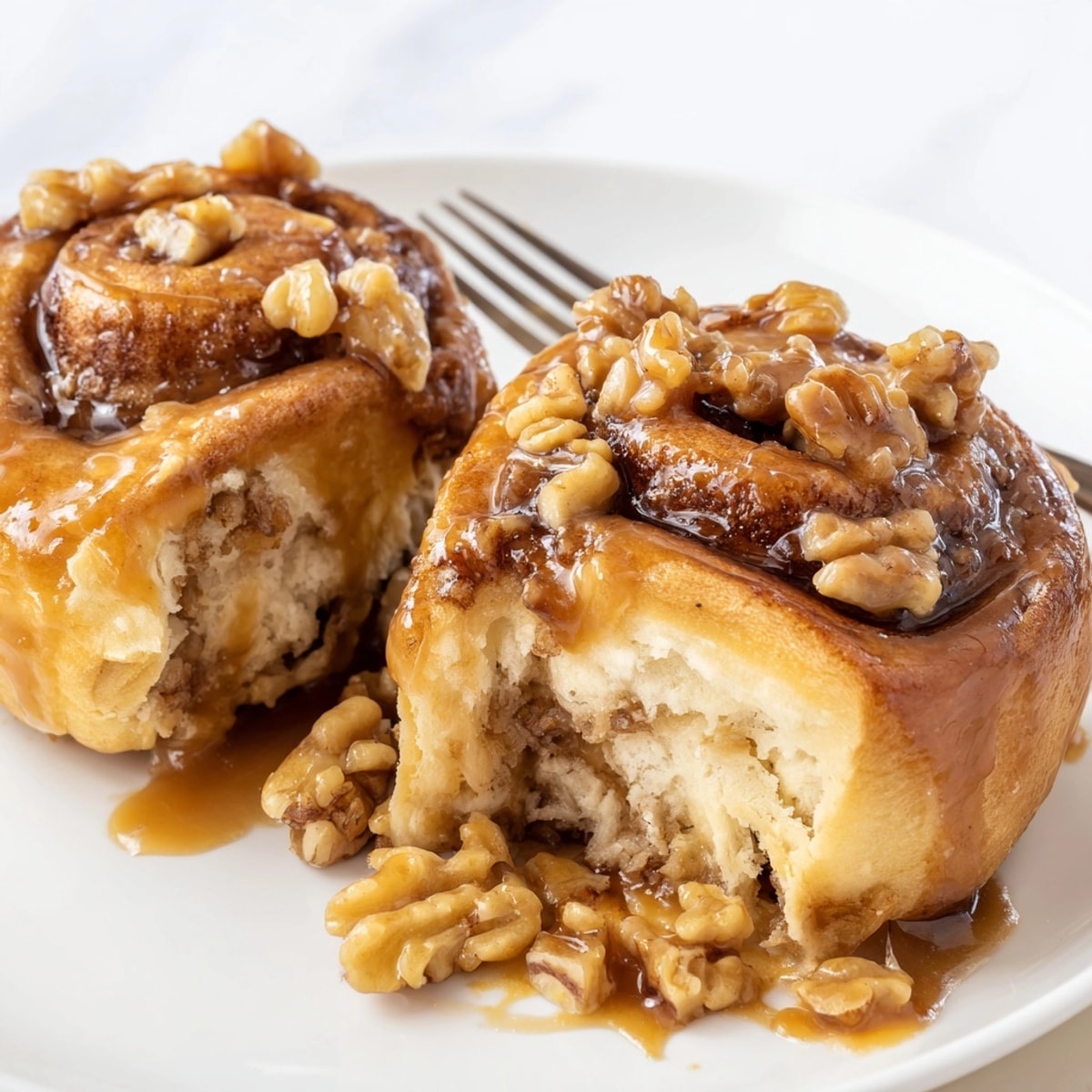 Golden Cinnamon Maple Walnut Sticky Buns fresh from the oven, drizzled with maple glaze.