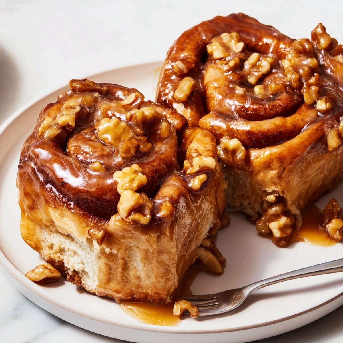 Close-up of homemade Cinnamon Maple Walnut Sticky Buns, soft dough with rich caramel.