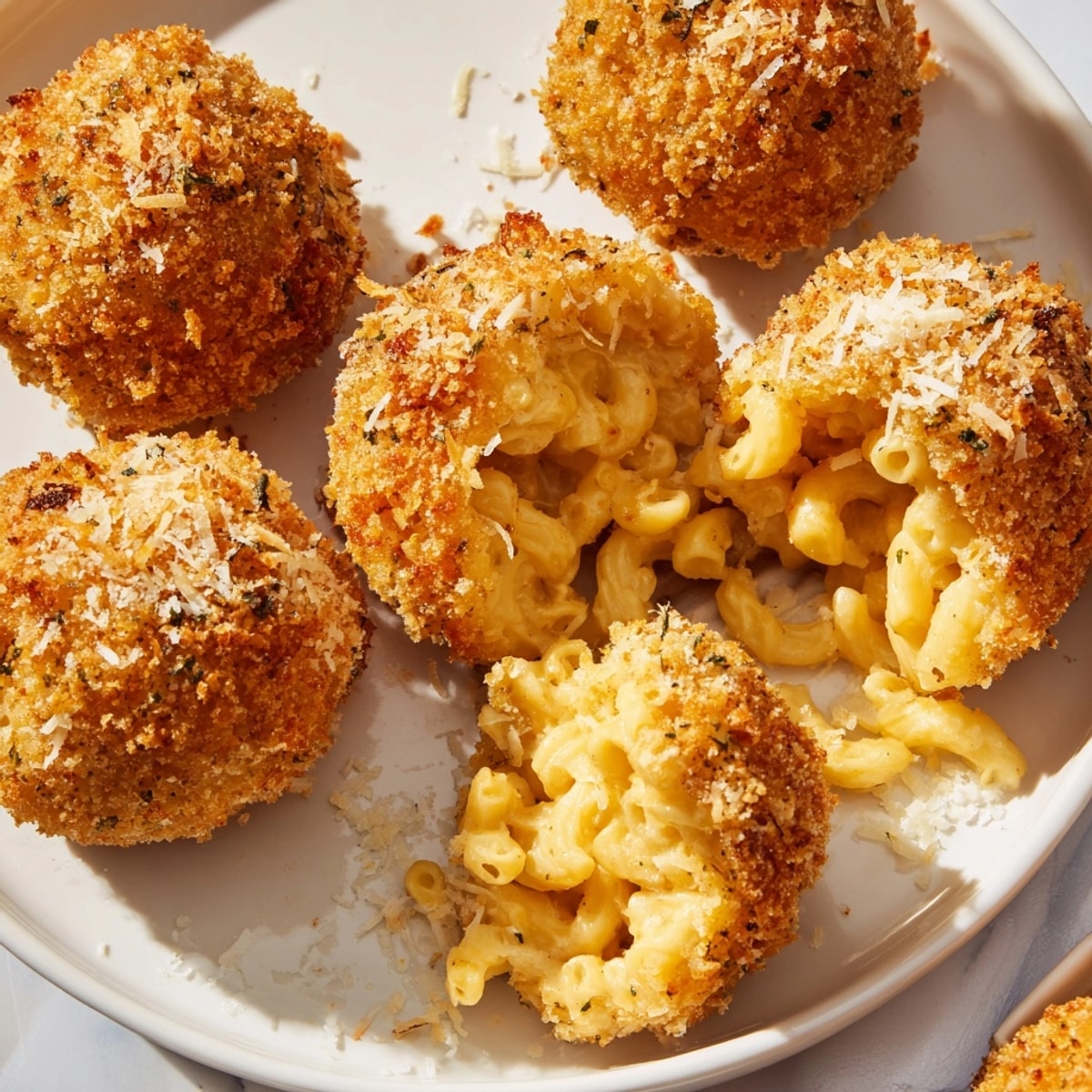 Close-up of Cheesy Mac and Cheese Rice Balls, showing melted cheese and crunchy panko crust.