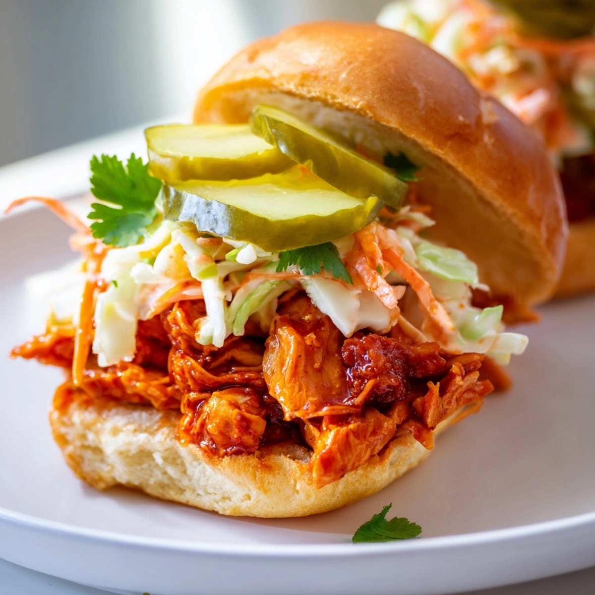 Close-up of juicy Cajun BBQ Chicken Sliders topped with creamy slaw.