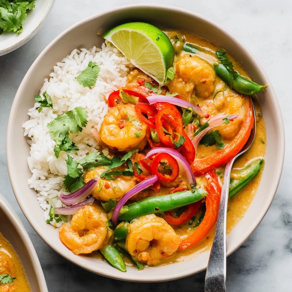 Close-up of creamy Shrimp Coconut Curry Bowl, showing succulent shrimp and vibrant veggies.