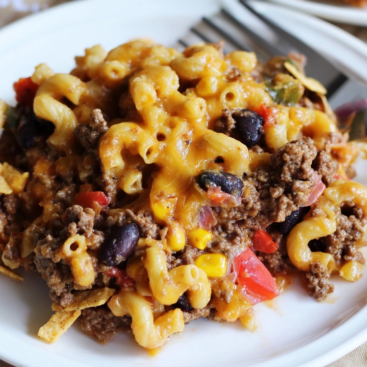 Golden, bubbly Mac and Cheese Taco Casserole fresh from oven, a cheesy comfort dish.