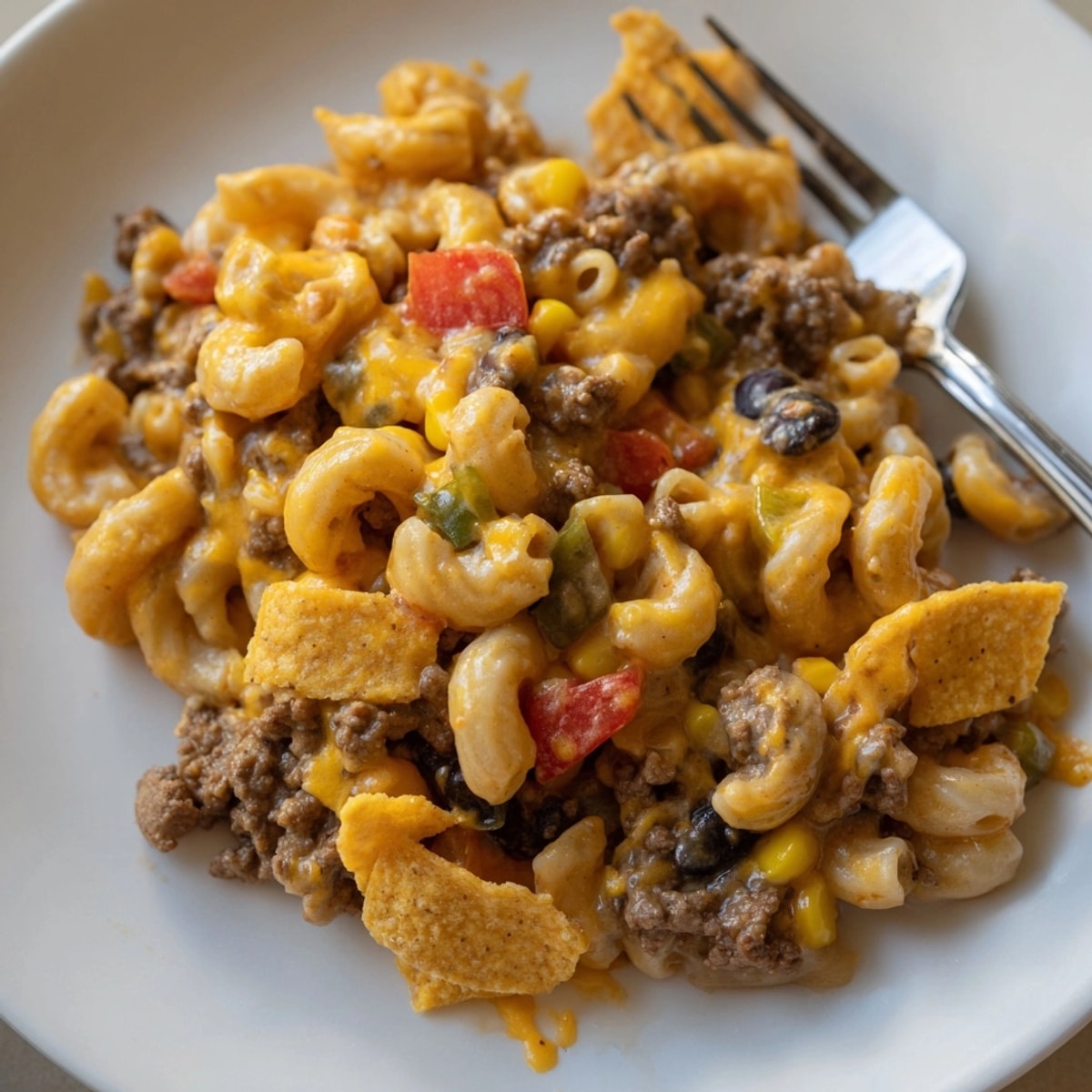 A 9x13 pan filled with Mac and Cheese Taco Casserole, ready to serve.