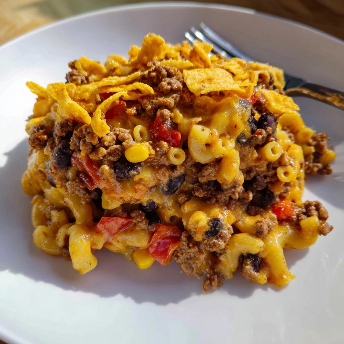Delicious Mac and Cheese Taco Casserole with melted cheddar, perfect weeknight dinner.