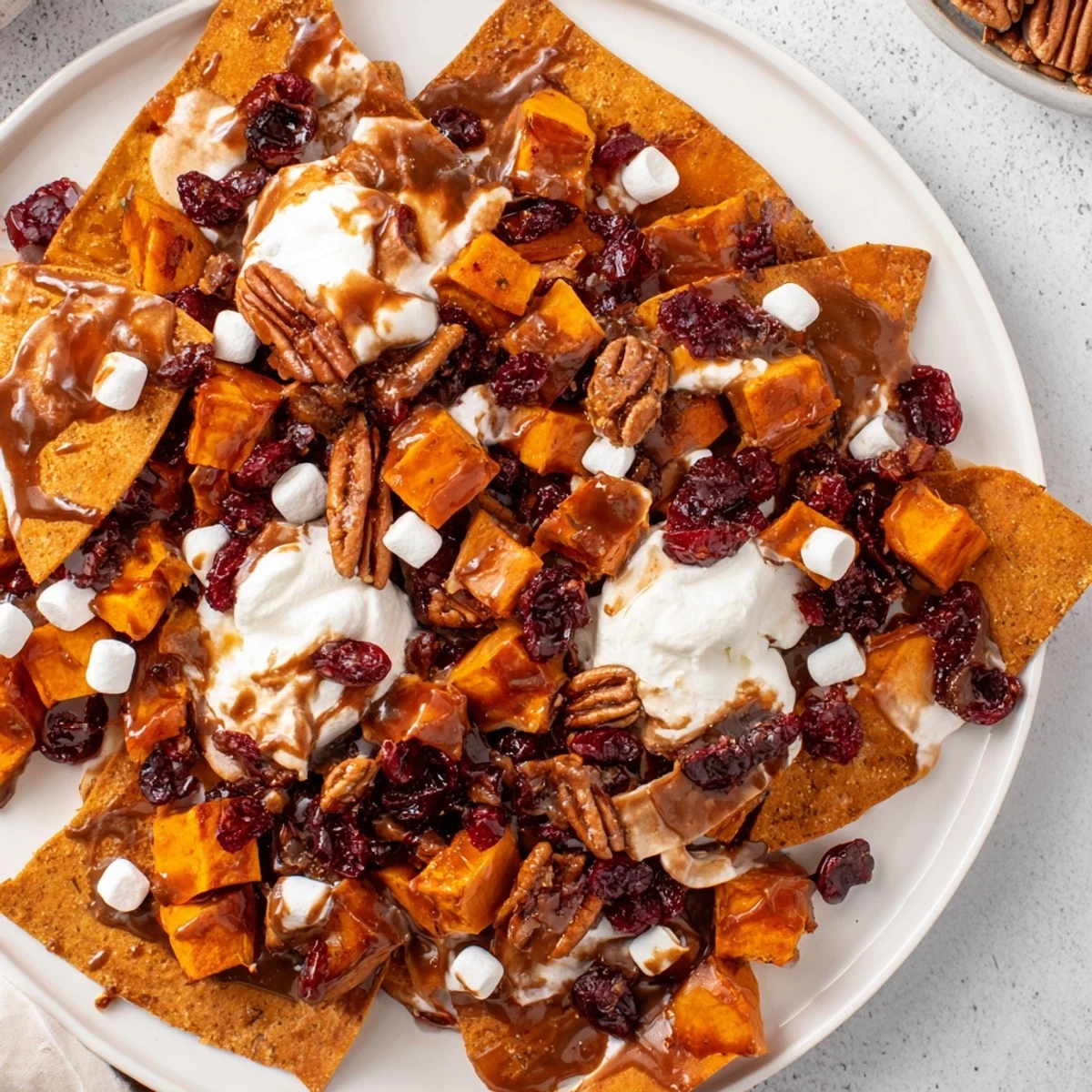 Crispy cinnamon-sugar tortilla chips topped with spicy Thanksgiving dessert nachos delight.  