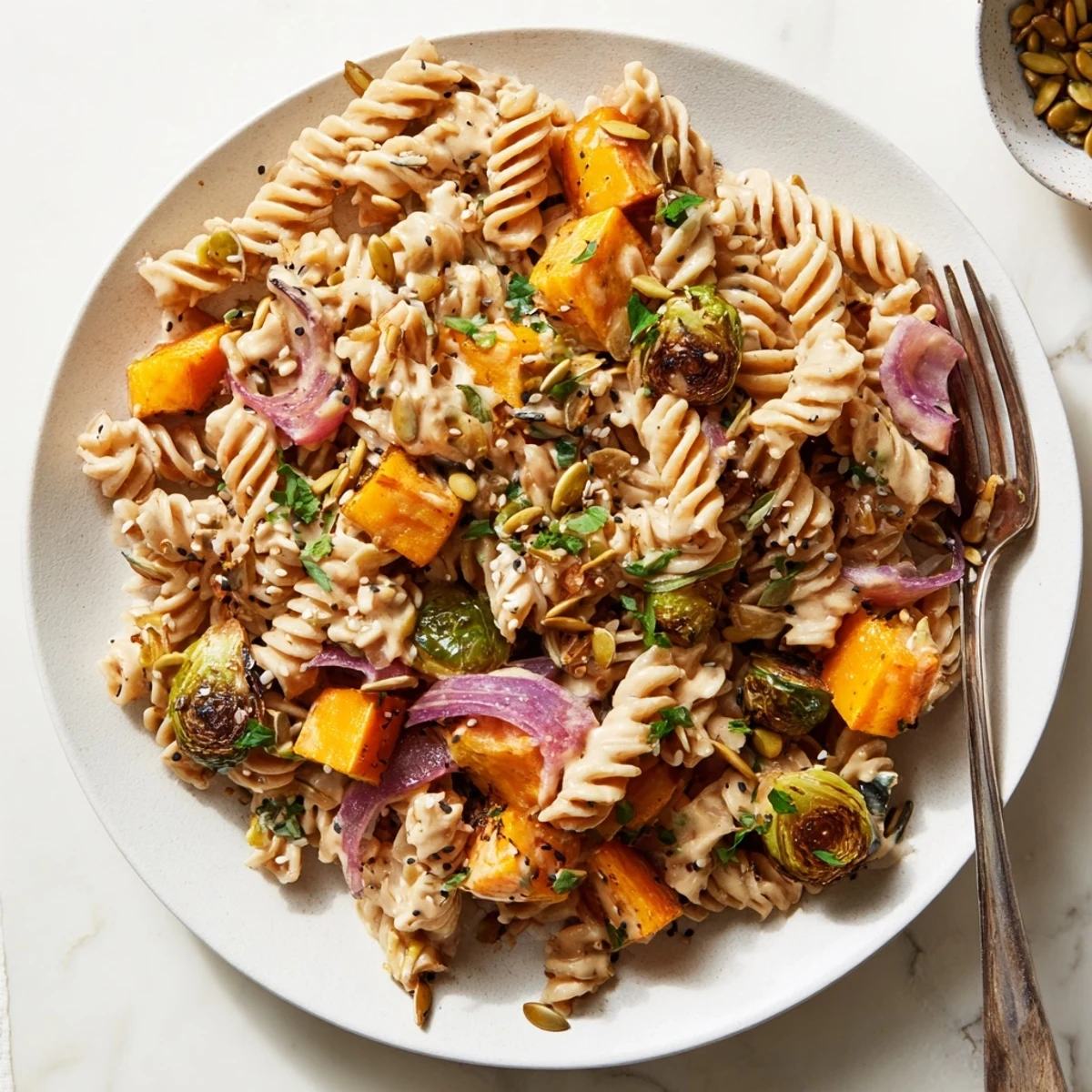 Close-up of Miso Pasta Salad, showcasing roasted vegetables and a drizzle of miso sauce.