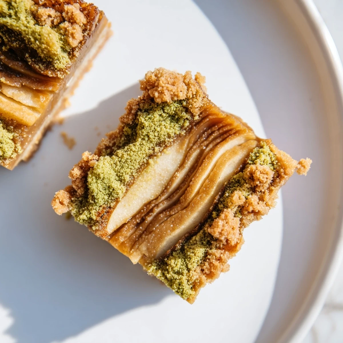 Tender matcha caramel apple bars topped with buttery crumble and sweet apple slices.  