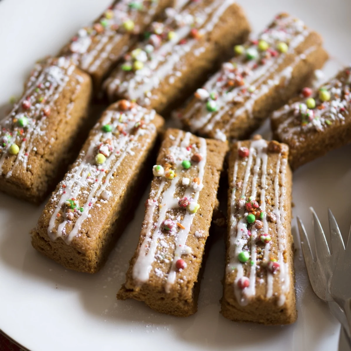 Close-up of delectable gingerbread cookie sticks, drizzled with icing and festive sprinkles.