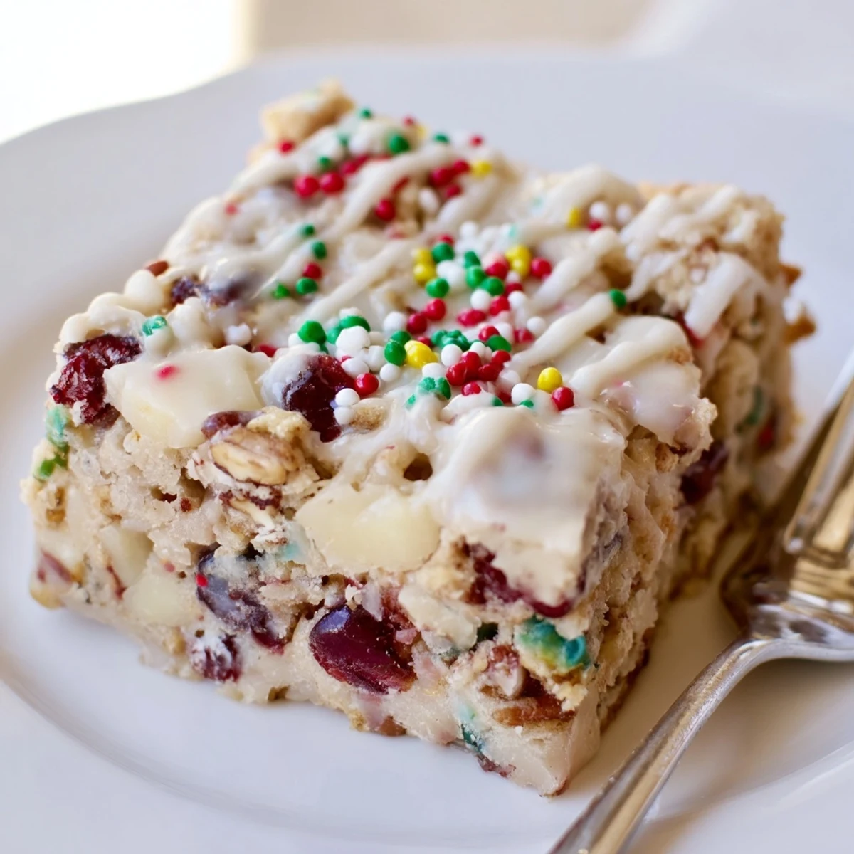 Festive Christmas Cookie Pie Bars adorned with sprinkles and white chocolate drizzle on a plate.  