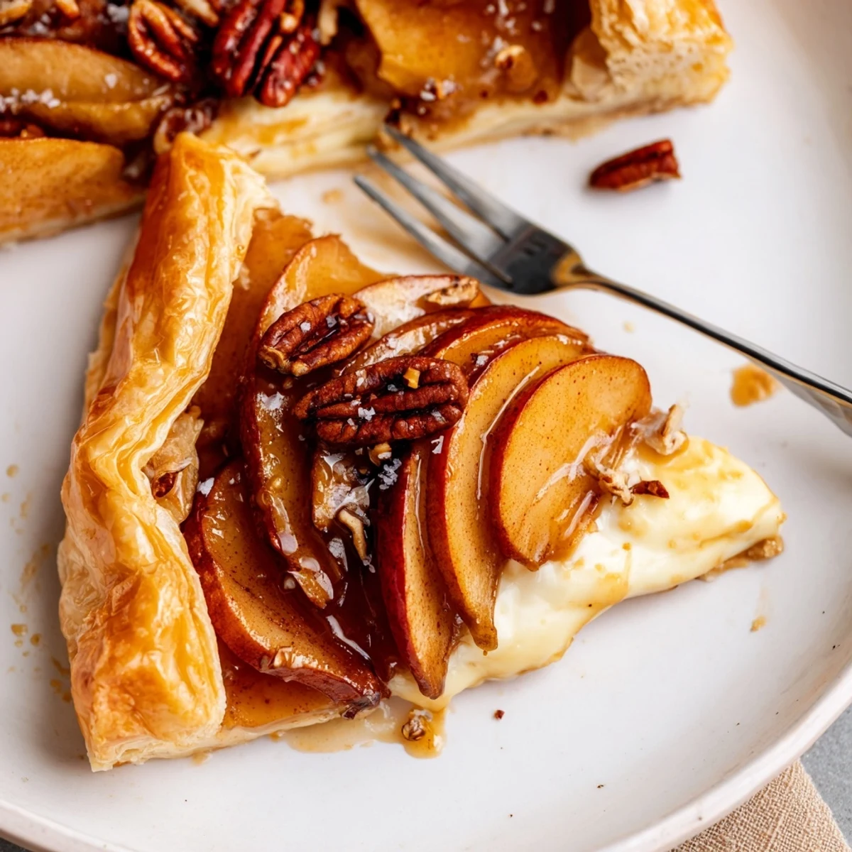 Decadent Caramel Apple Brie Tart baked until golden, topped with pecans and caramel.  