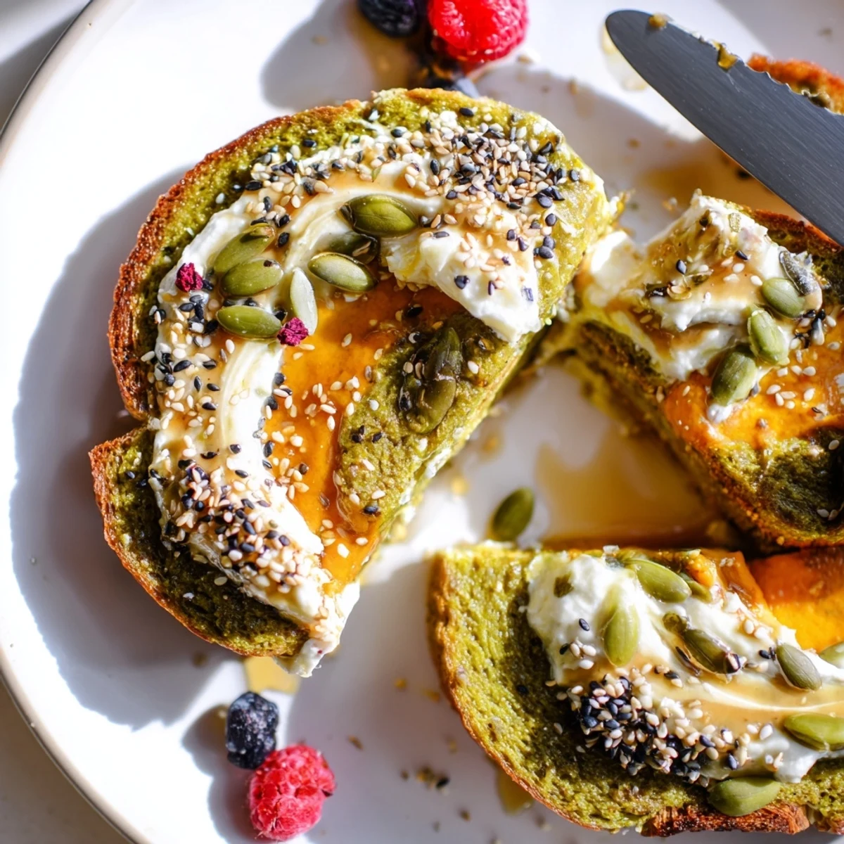 Warm matcha pumpkin muffin toasts topped with cream cheese and pumpkin seeds.  