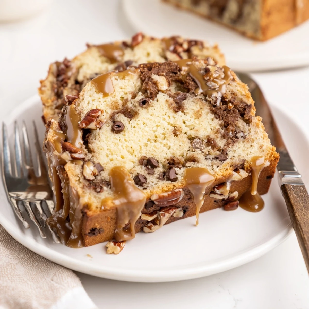 The Caramel Pecan Cookie Dough Loaf showcases gooey caramel and soft cookie dough swirls.  