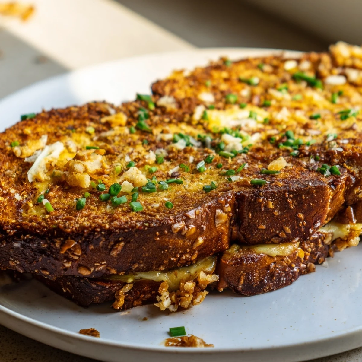 Golden-brown Cheddar Pretzel French Toast, crispy crust with sharp cheddar flavor.  