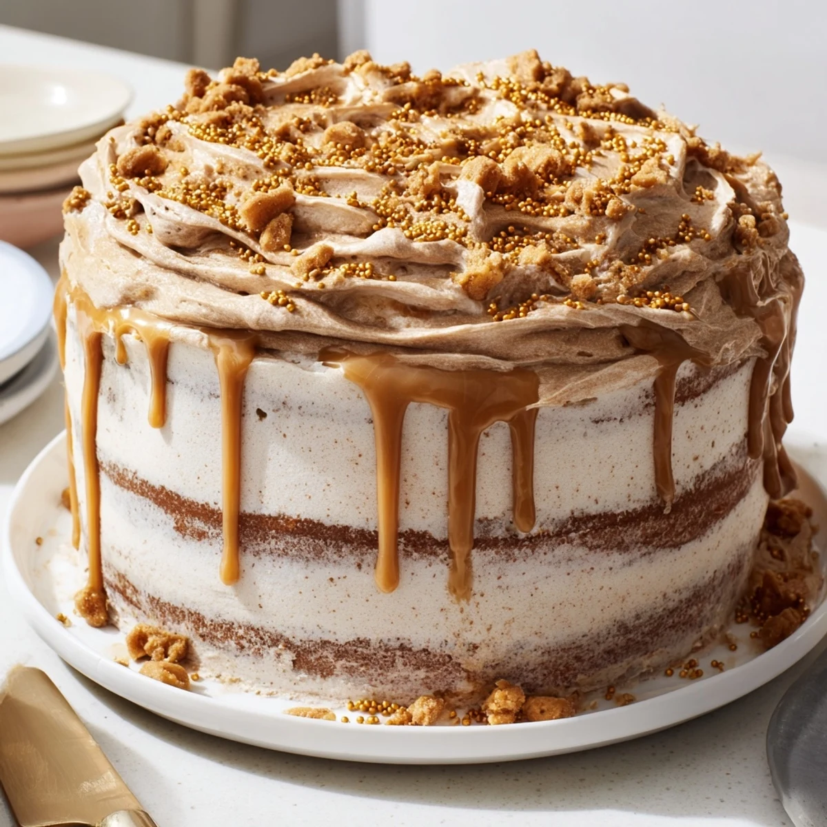 Deliciously golden Butterbeer birthday cake with drizzled butterscotch and festive sprinkles.