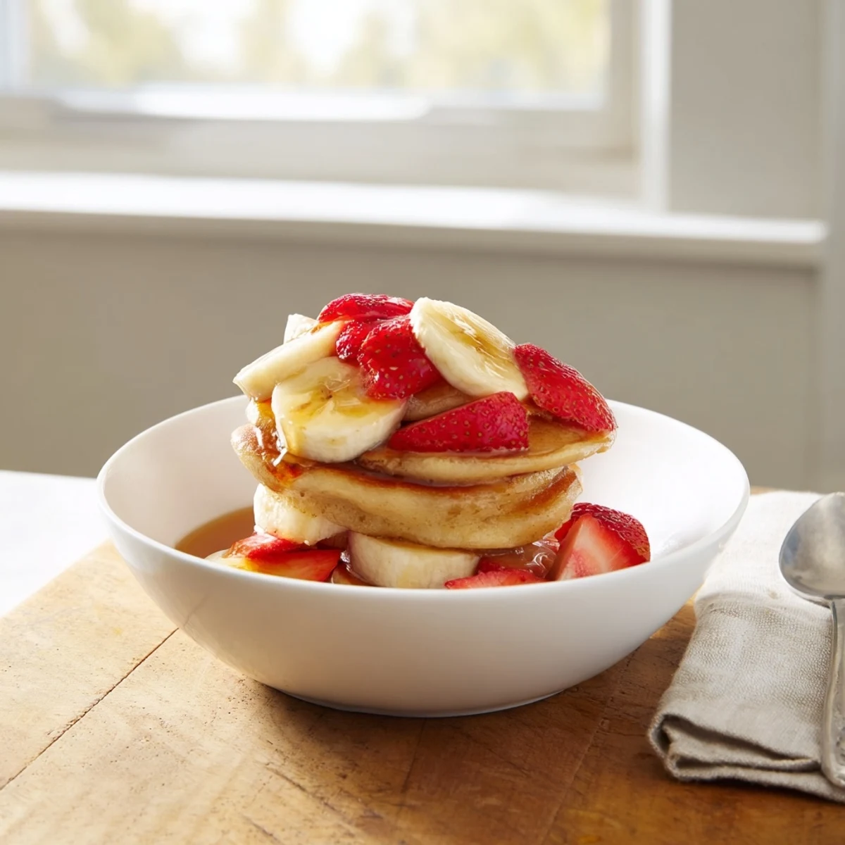 Bite-sized pancakes served in a bowl, drizzled with syrup and fresh berries.  
