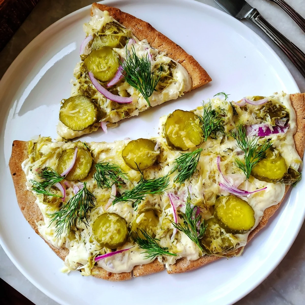 Tangy Pickle Pizza topped with creamy sauce and crunchy dill pickles.  