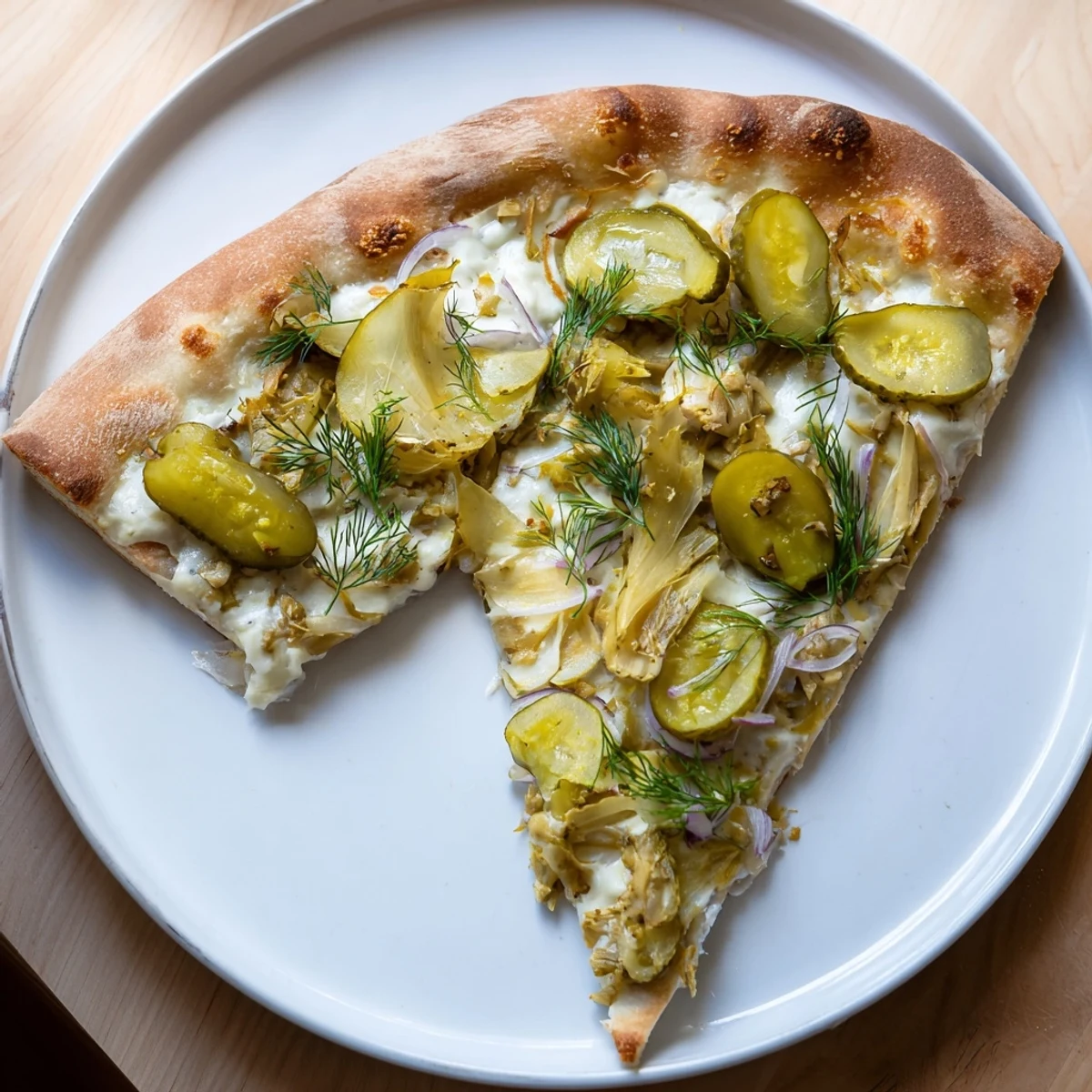 Sliced Pickle Pizza featuring golden crust and zesty crème fraîche sauce.