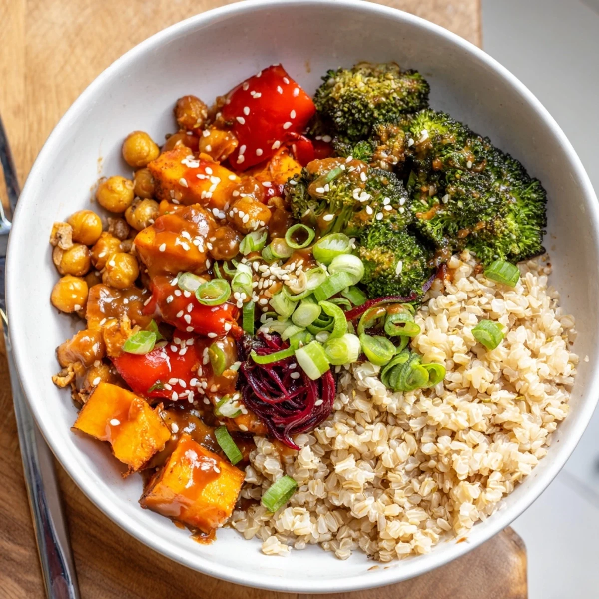 Colorful grain bowls with sweet potatoes and bold gochujang-maple drizzle for extra flavor.  