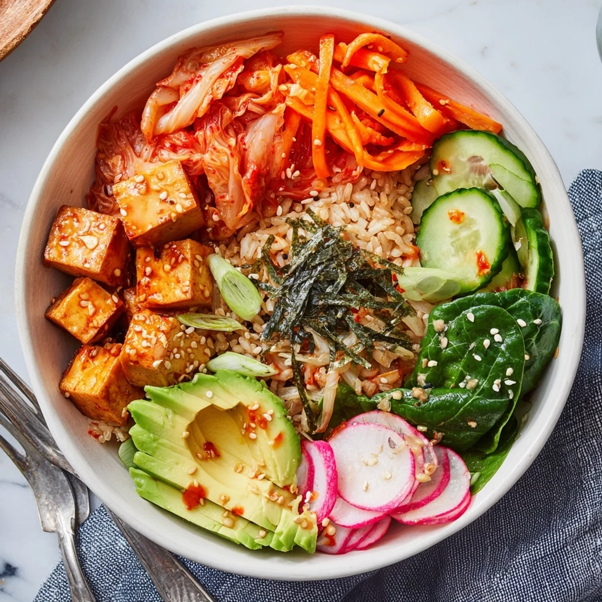 Wholesome fermented vegetable bowl featuring kimchi, radishes, and a drizzle of sesame dressing.