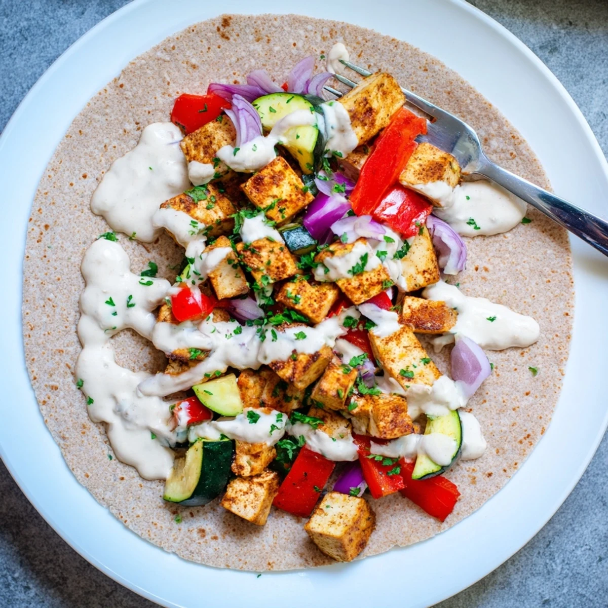 Vegan viral recipe remake featuring roasted tofu and colorful vegetables in wraps.  