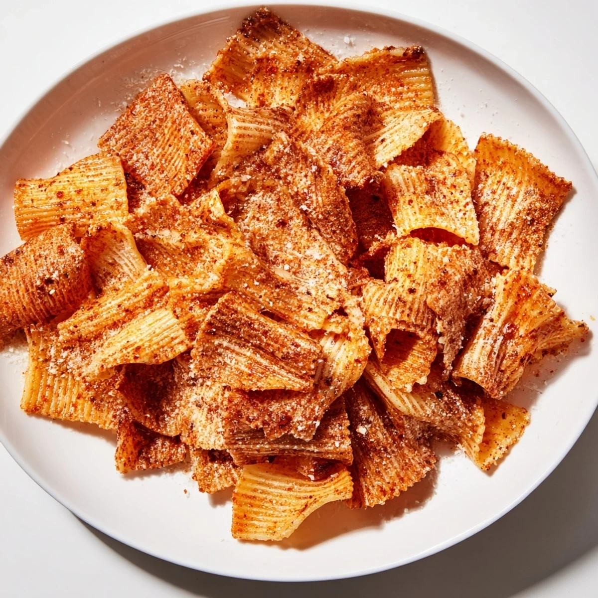 Delicious baked pasta chips, golden brown and ready to dip into marinara.  