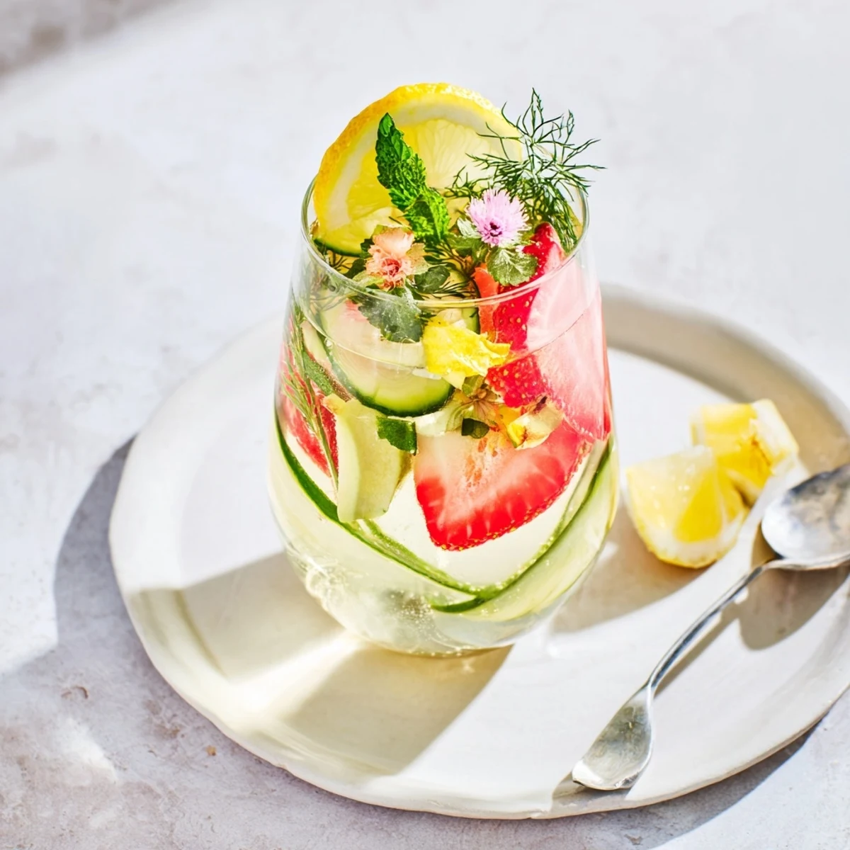 Colorful mocktails with ice, lemon slices, and strawberries, perfect for hot days.  