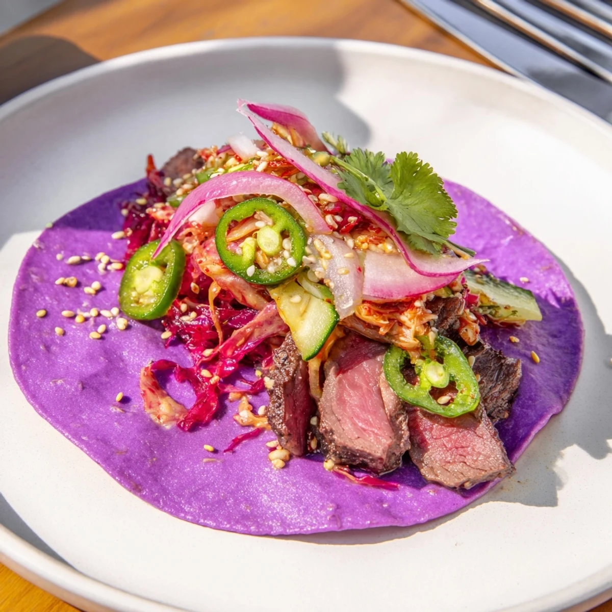 Vibrant Global Street-Food Fusion Tacos topped with fresh cilantro and kimchi.  