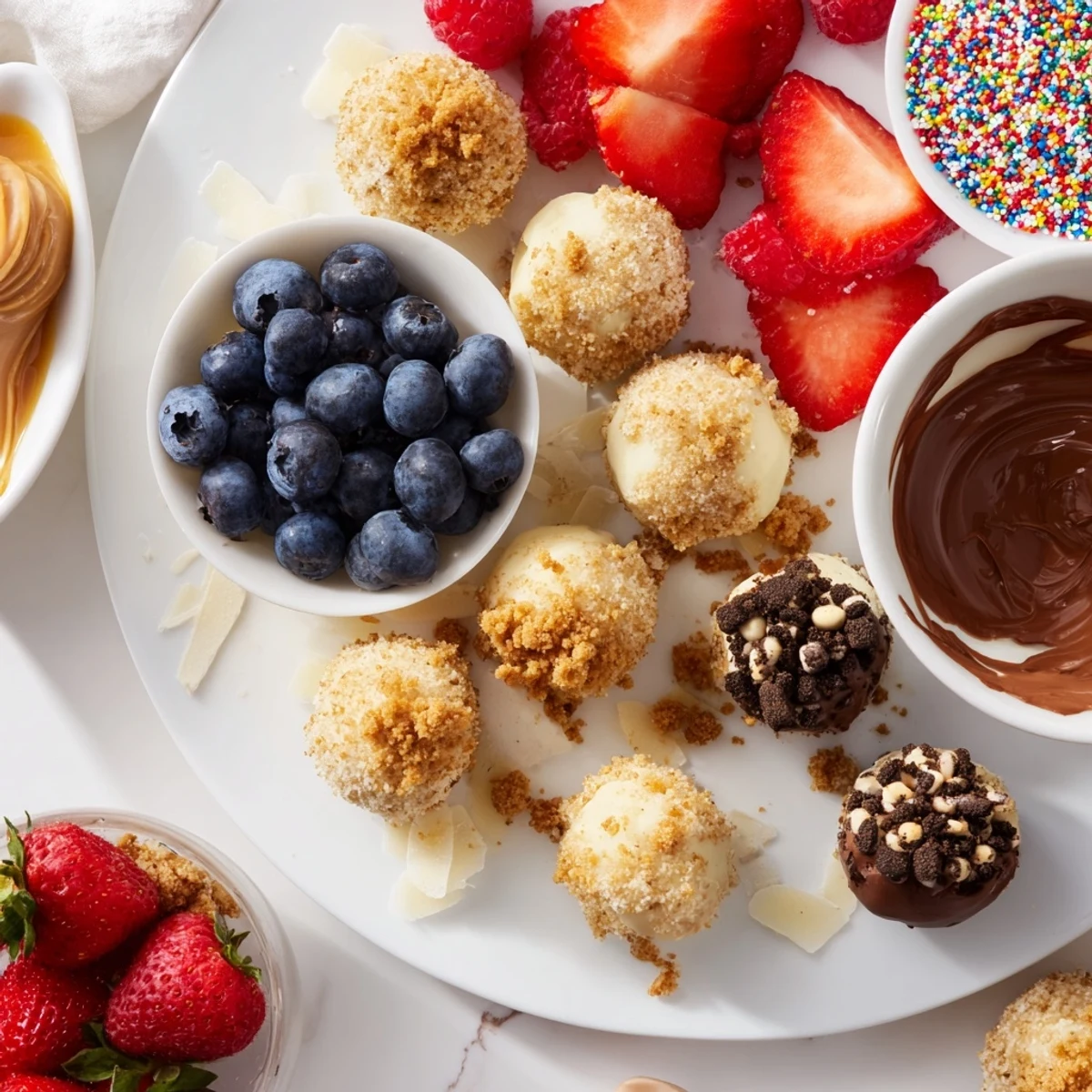 Decadent deconstructed dessert board showcasing creamy cheesecake bites and fresh toppings.  
