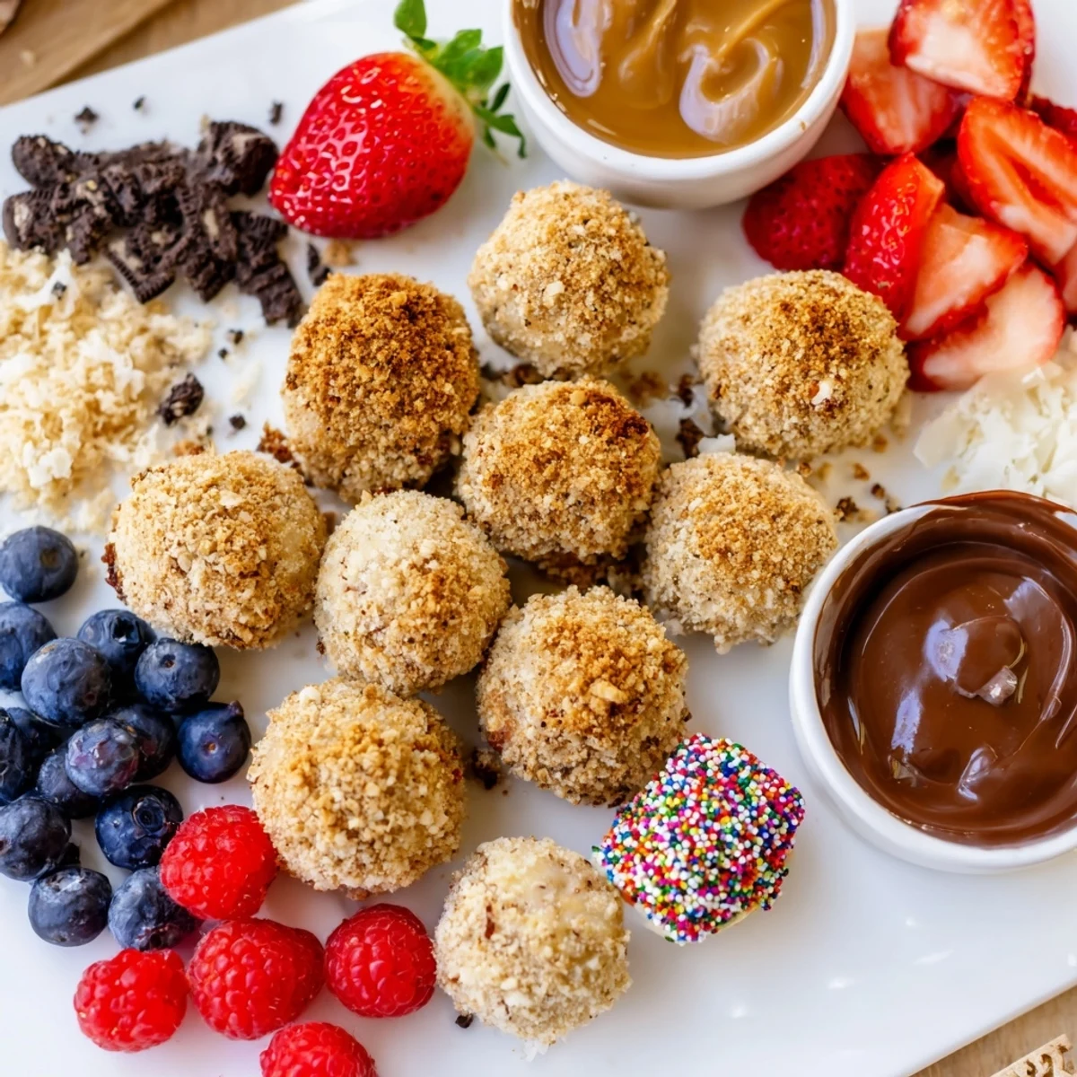 Interactive cheesecake bites served with vibrant toppings like strawberries and chocolate ganache.  