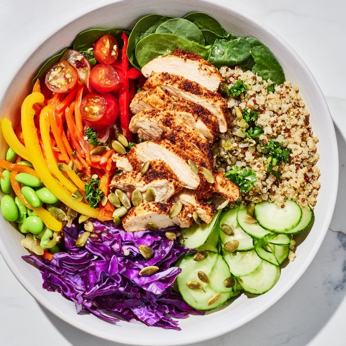 Colorful layers of Healthy Meal-Prep Bowls topped with grilled chicken and fresh dressing.  