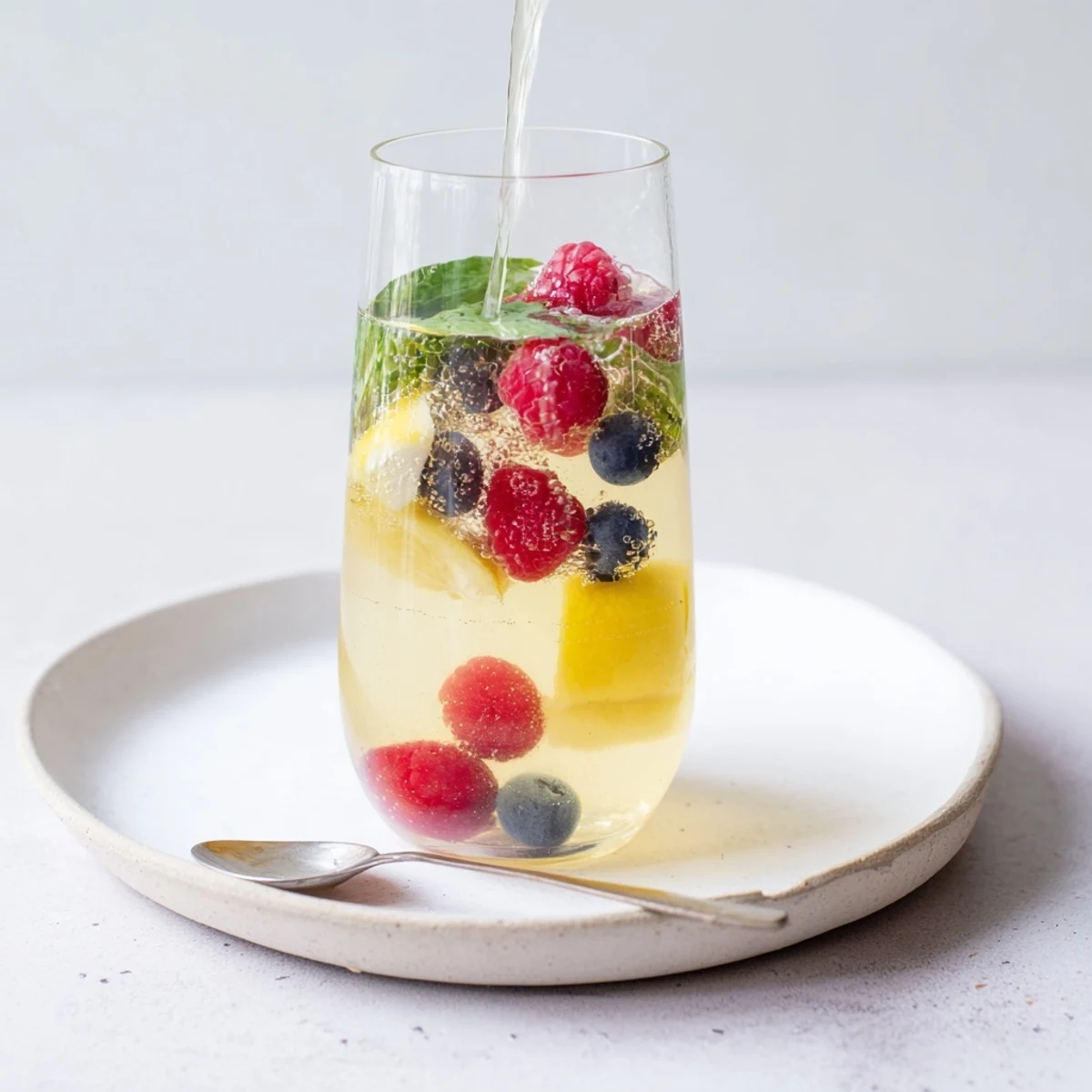 Refreshing kombucha-style home-brew mocktails in vibrant glass bottles with herbs.  