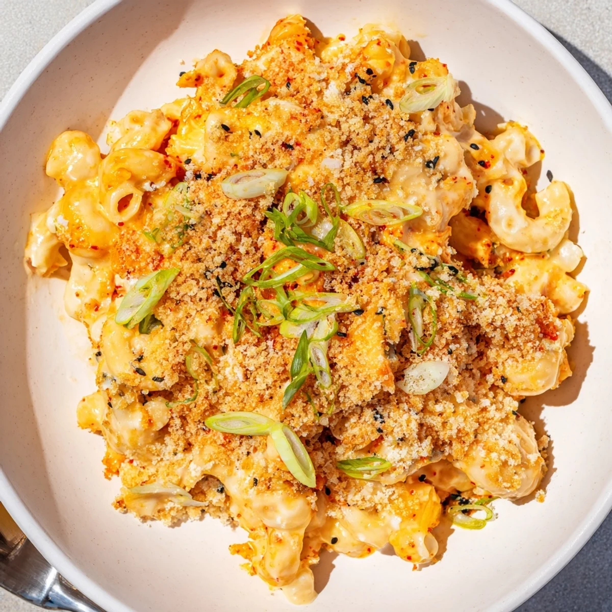 Delicious Spicy Kimchi Mac & Cheese, ideal for comforting family dinners or potlucks.