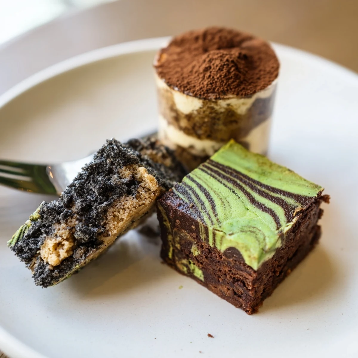 Matcha-miso brownies topped with chocolate and matcha swirl for a unique dessert.  