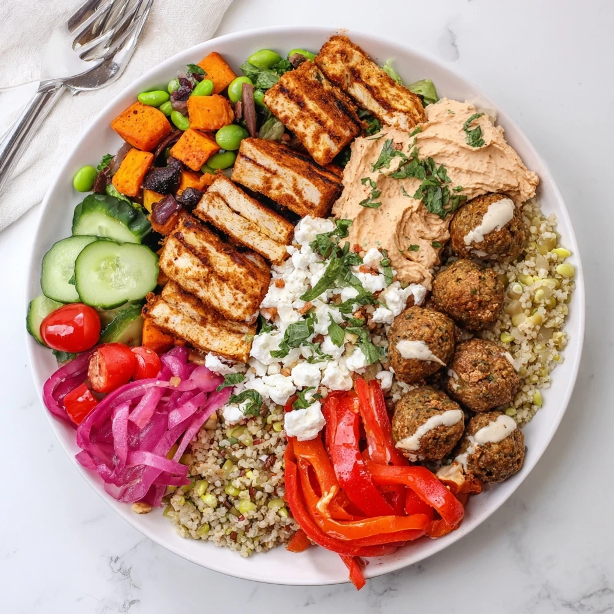 Personalize your meal with grilled proteins and vibrant veggies in this board-and-bowl recipe.