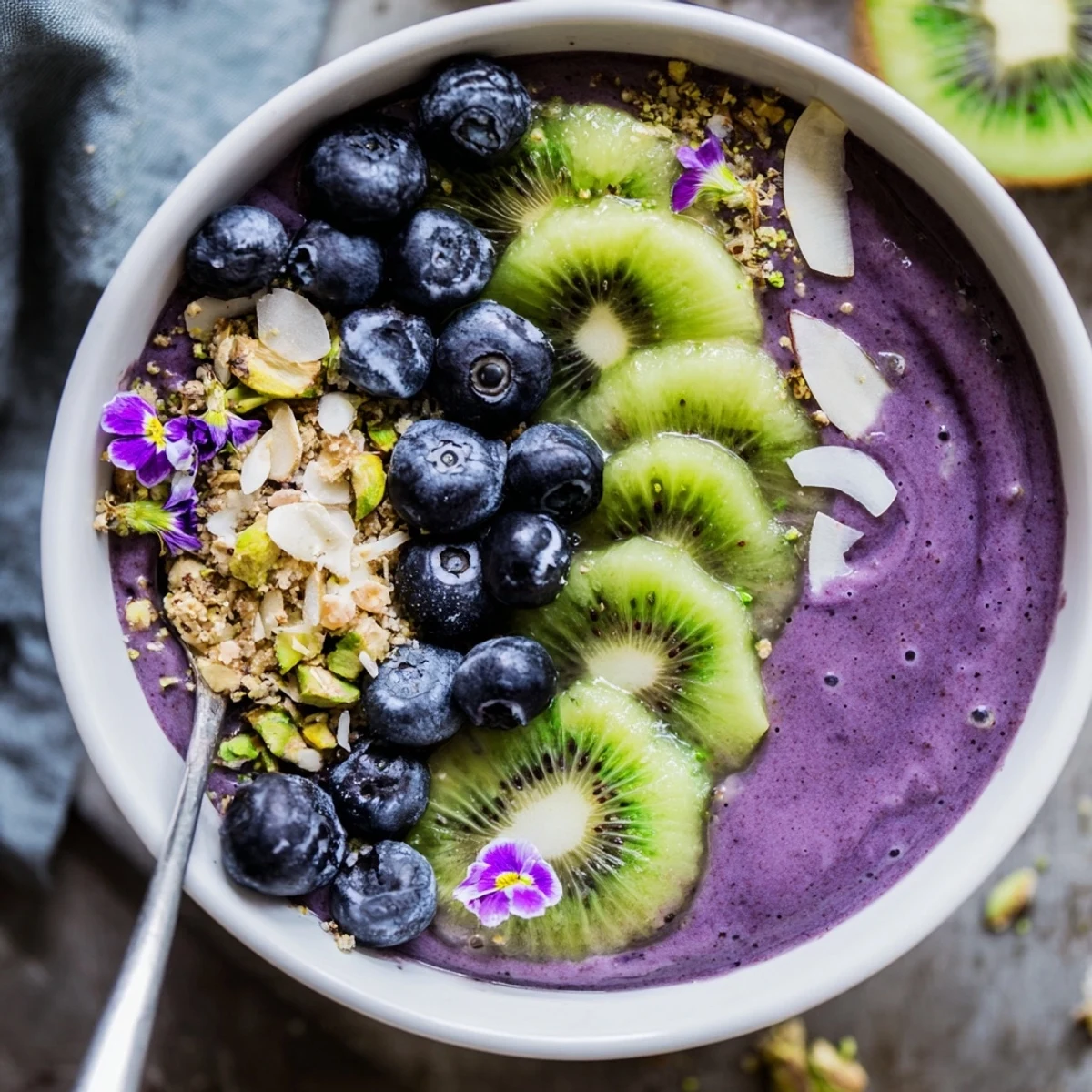 Vibrant smoothie bowls featuring purple yam, pistachios, and fresh fruit toppings.  