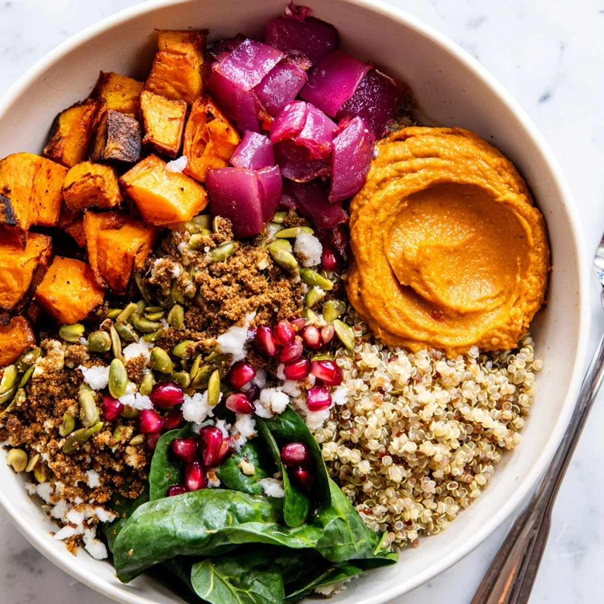 Warm and hearty Spiced Winter Bowls topped with pomegranate and creamy feta.  