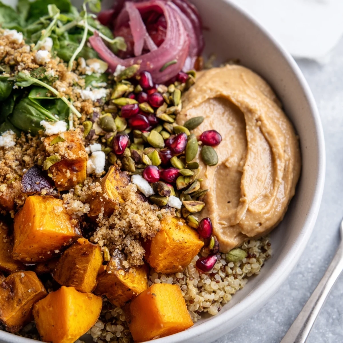 Vibrant Spiced Winter Bowls featuring seasonal veggies, quinoa, and sweet maple crumble.