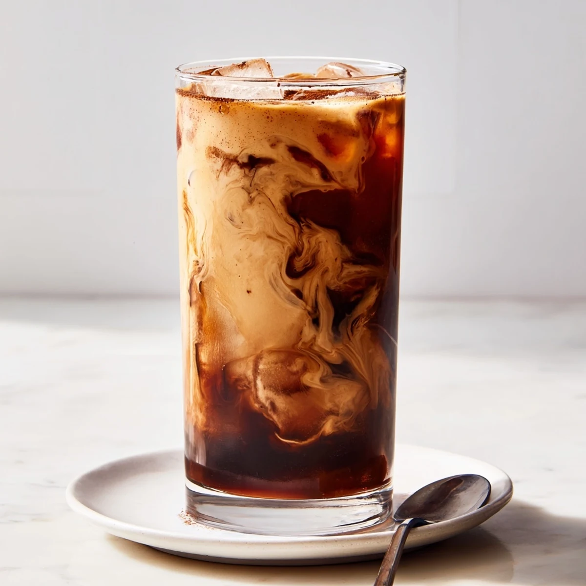 Delectable vegan Tahini iced coffee garnished for a creamy, indulgent sip.