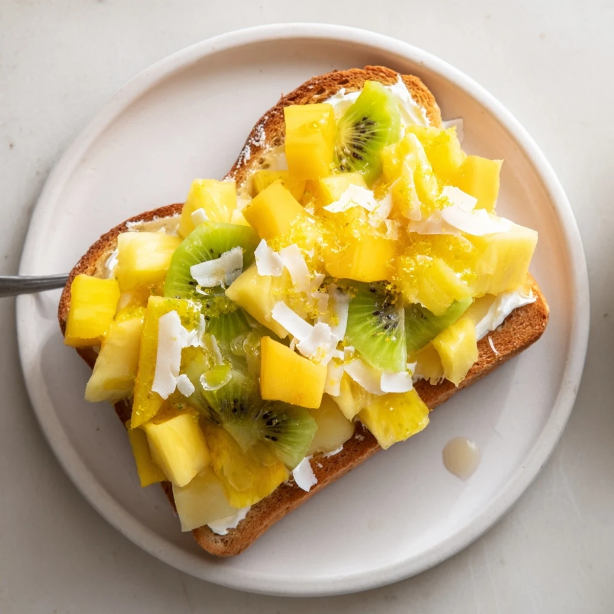 Tempting yogurt-custard toast features fresh mango, pineapple, and kiwi for brunch.