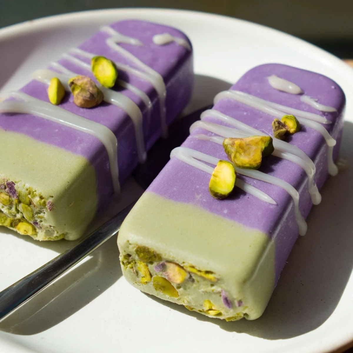 Creamy ube & pistachio ice cream bars, swirled with vibrant colors and flavors.  